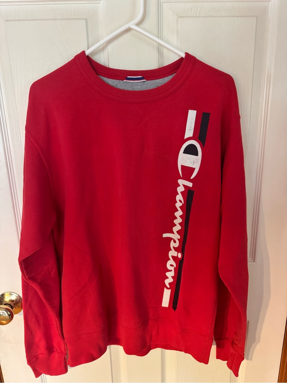 Champion Red Crewneck with Vertical Logo Accent